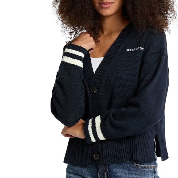 GUESS JEANS EMBROIDERED LOGO VARSITY CARDIGAN DARING OCEAN - Picture 5 of 6